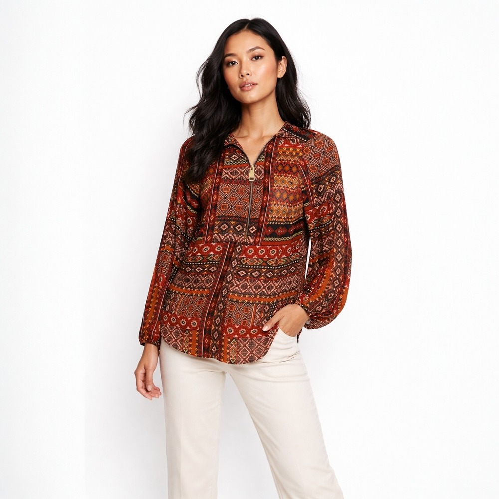 Zac & Rachel Women's Bohemian Aztec Geometric Blouse‎ Multicolor Size M